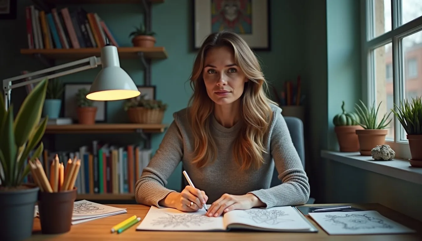 A woman in her 30s is sitting at her desk, enjoying coloring in a sketchpad during a break from work.