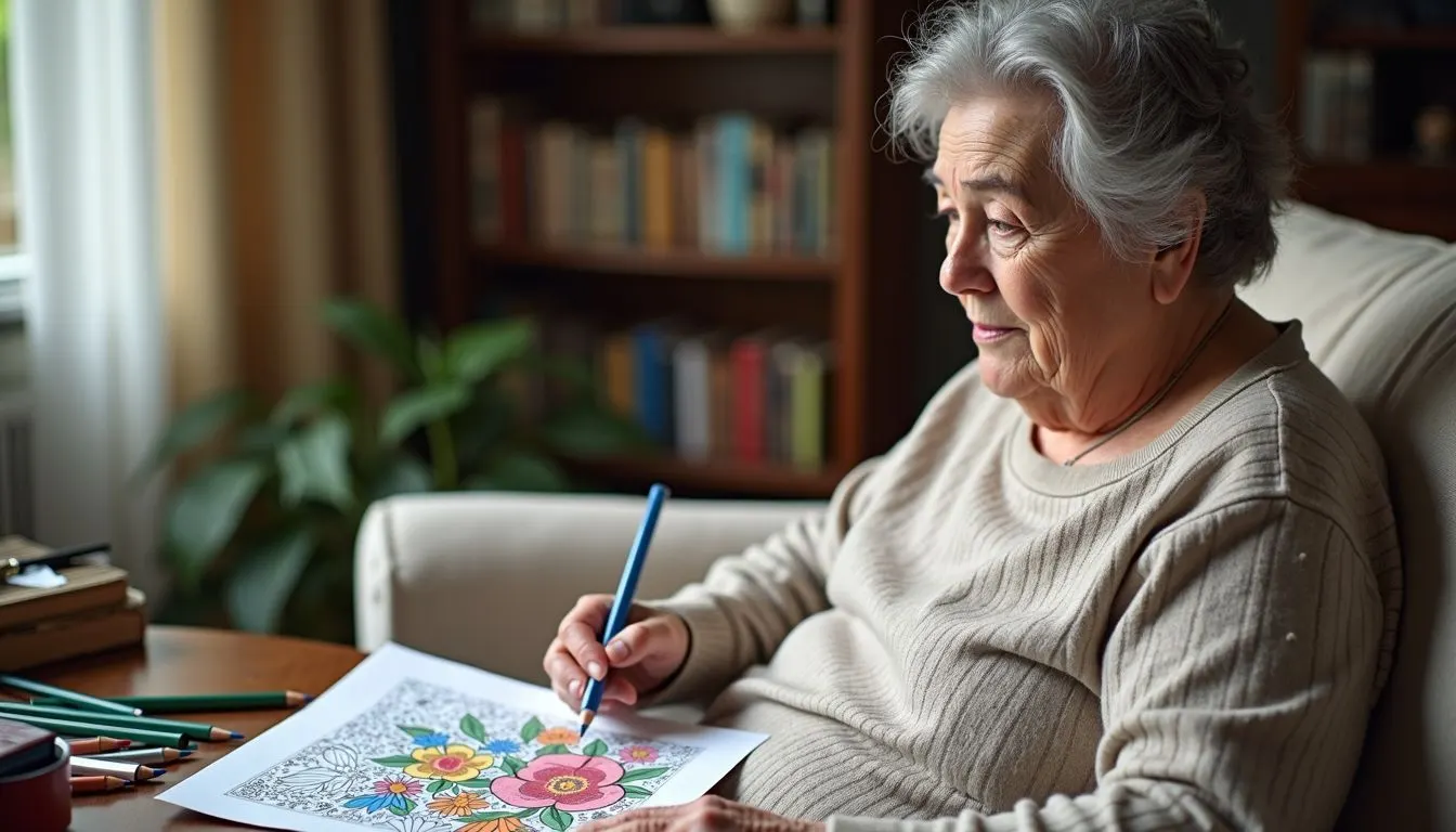 An elderly woman sitting in her cozy living room, surrounded by art supplies and a completed coloring page.