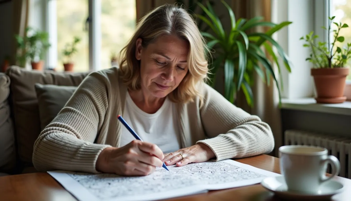 A middle-aged woman enjoys a calming activity of coloring in a cozy living room.