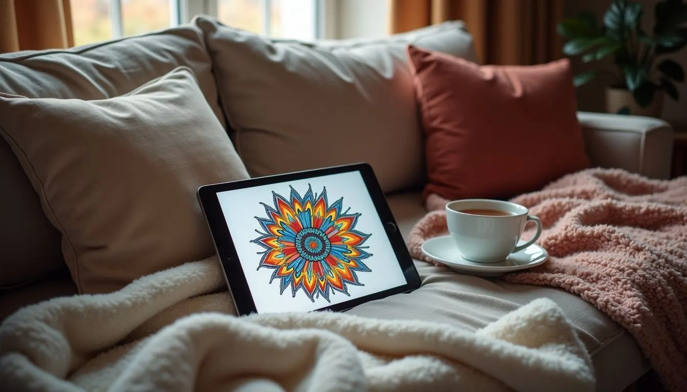 A cozy living room with a digital tablet displaying a colorful design, blankets, and a cup of tea.