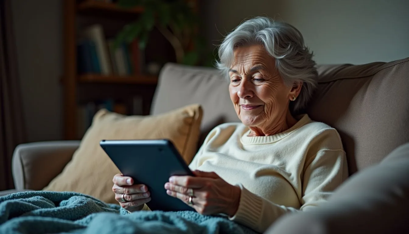 An elderly woman sits comfortably in her living room, focused on coloring on her tablet.