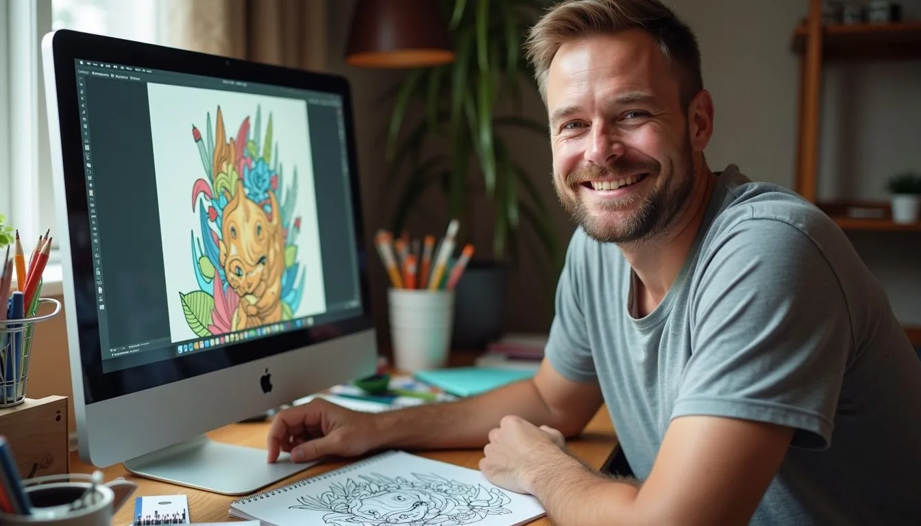 An adult artist proudly displays a completed digital coloring book in a cozy home studio.