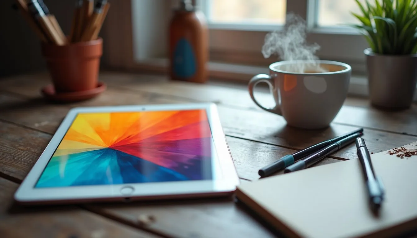 A digital tablet displays colorful artwork on a cozy workspace with art supplies and coffee.