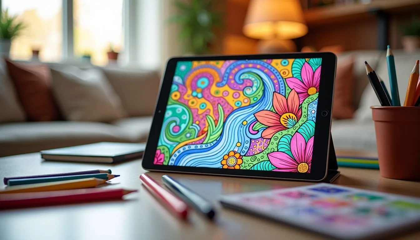A digital coloring book on a tablet with art supplies in a cozy living room.
