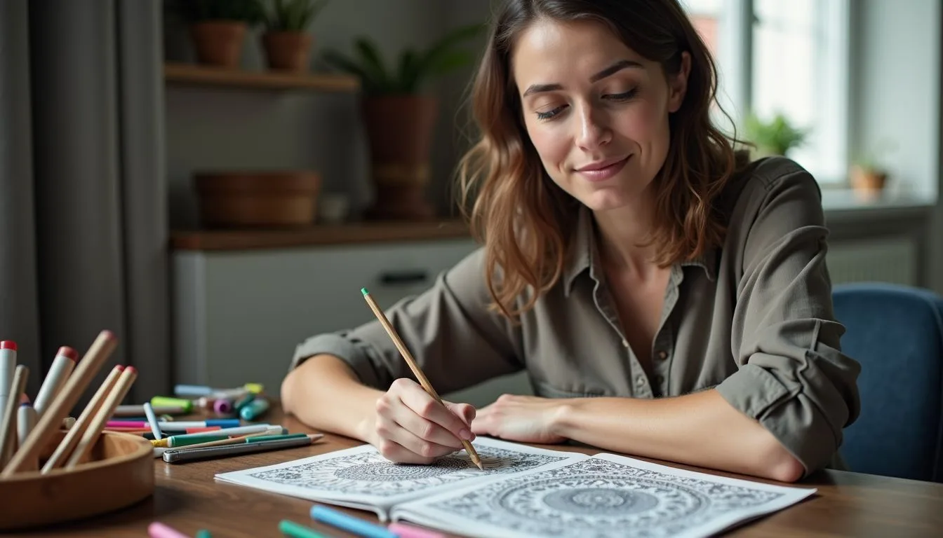 A woman is sitting at a table, coloring in a coloring book with various art supplies. A woman is sitting at a table, coloring in a coloring book with various art supplies.