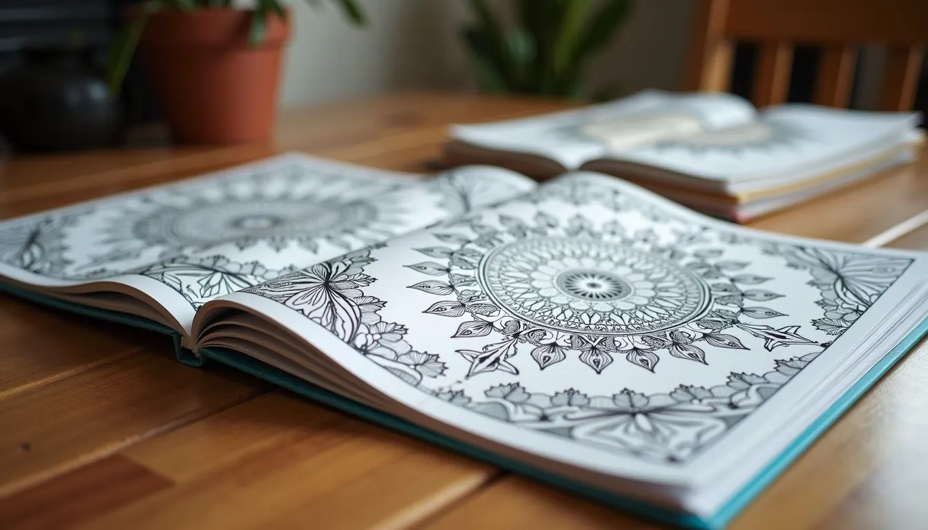 A close-up photo of adult coloring books with detailed designs on a wooden table.