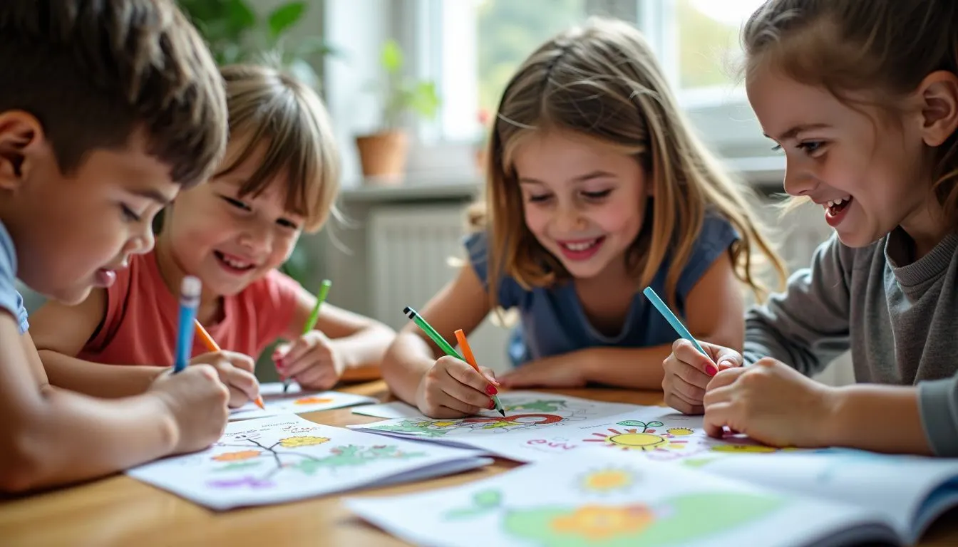 A group of children happily coloring together in an educational coloring book.