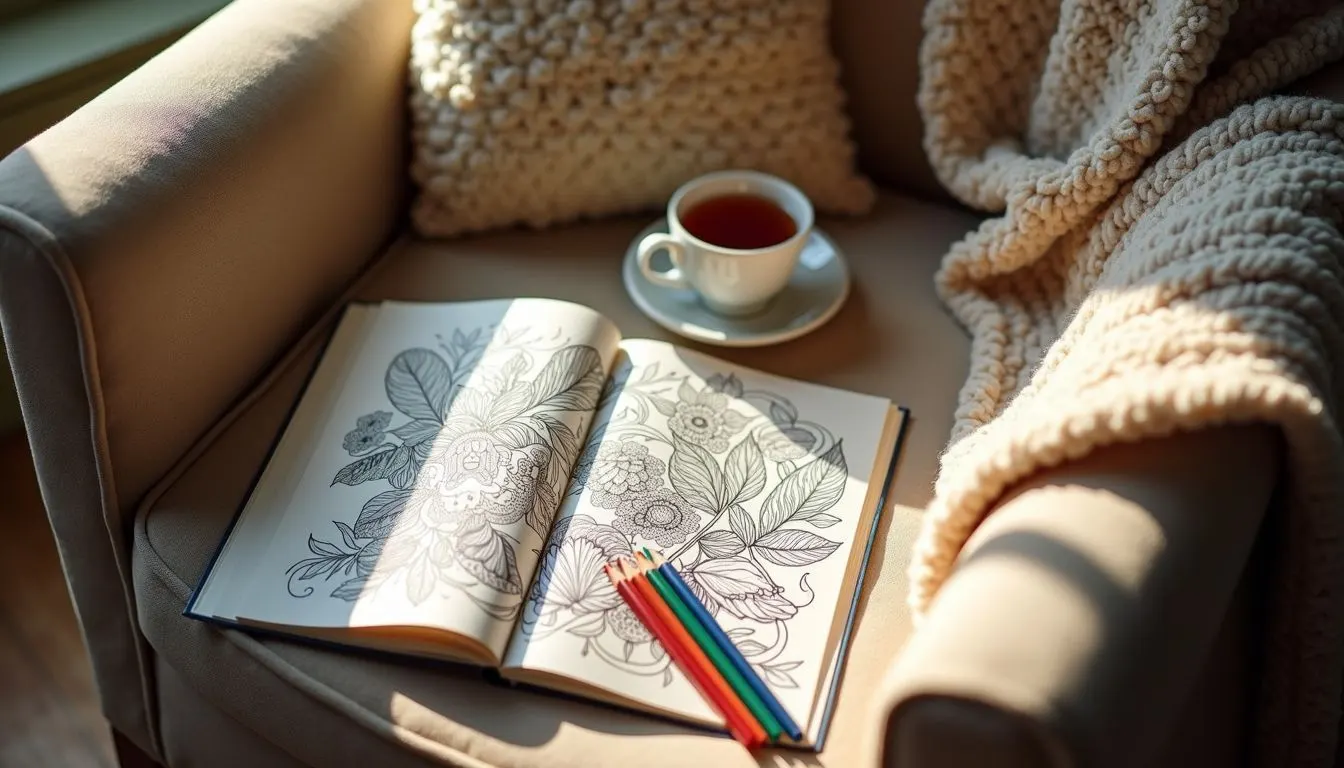 A cozy armchair with a coloring book, colored pencils, tea, and blanket in soft natural light.