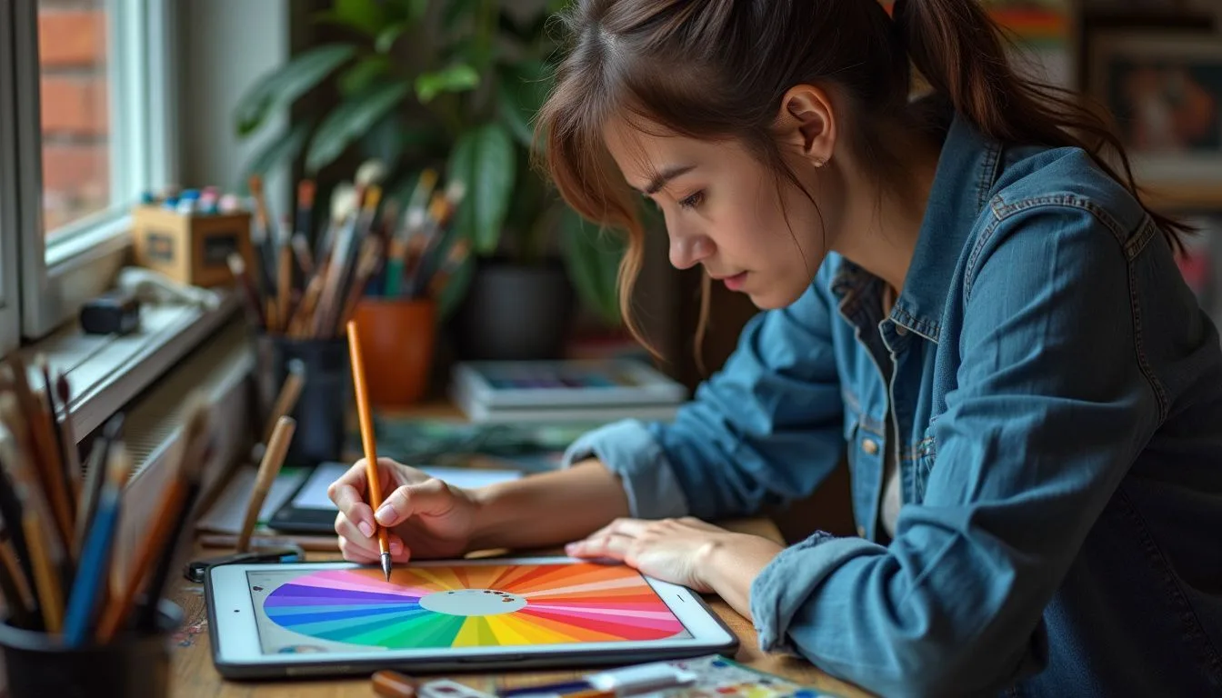 An artist working at a cluttered desk with art supplies, focused on a digital tablet displaying a bright color palette.