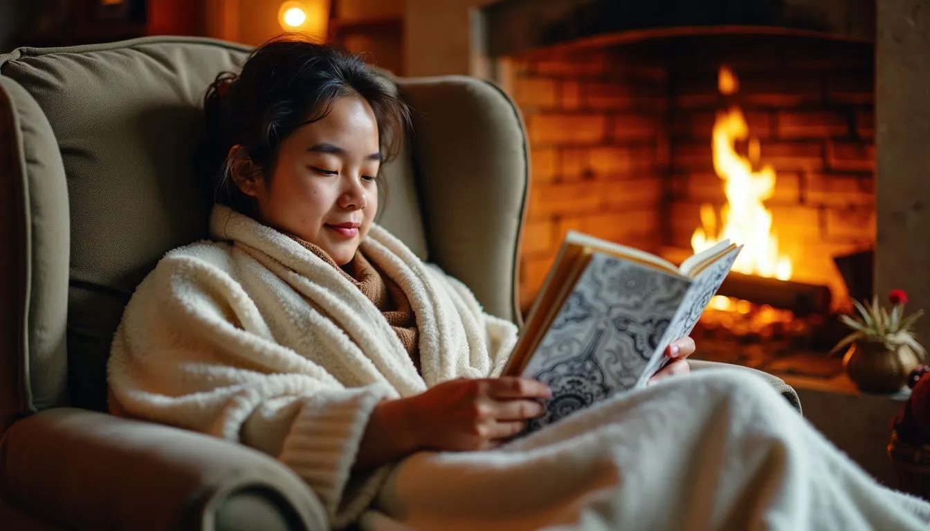 A person sitting in a cozy armchair by a fireplace, wrapped in blankets, enjoying an adult coloring book for relaxation.