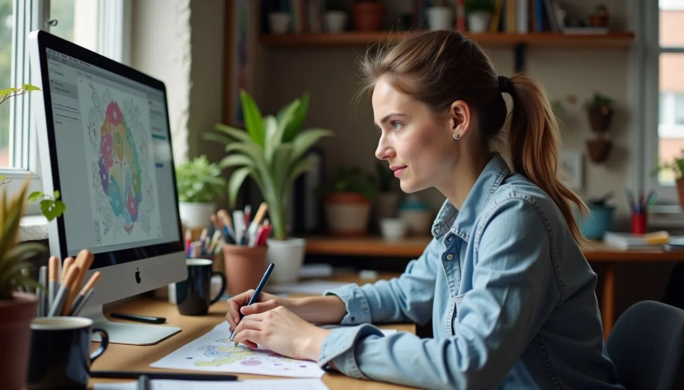 A woman in her 30s sits at a cluttered home office desk, focused on digital coloring.