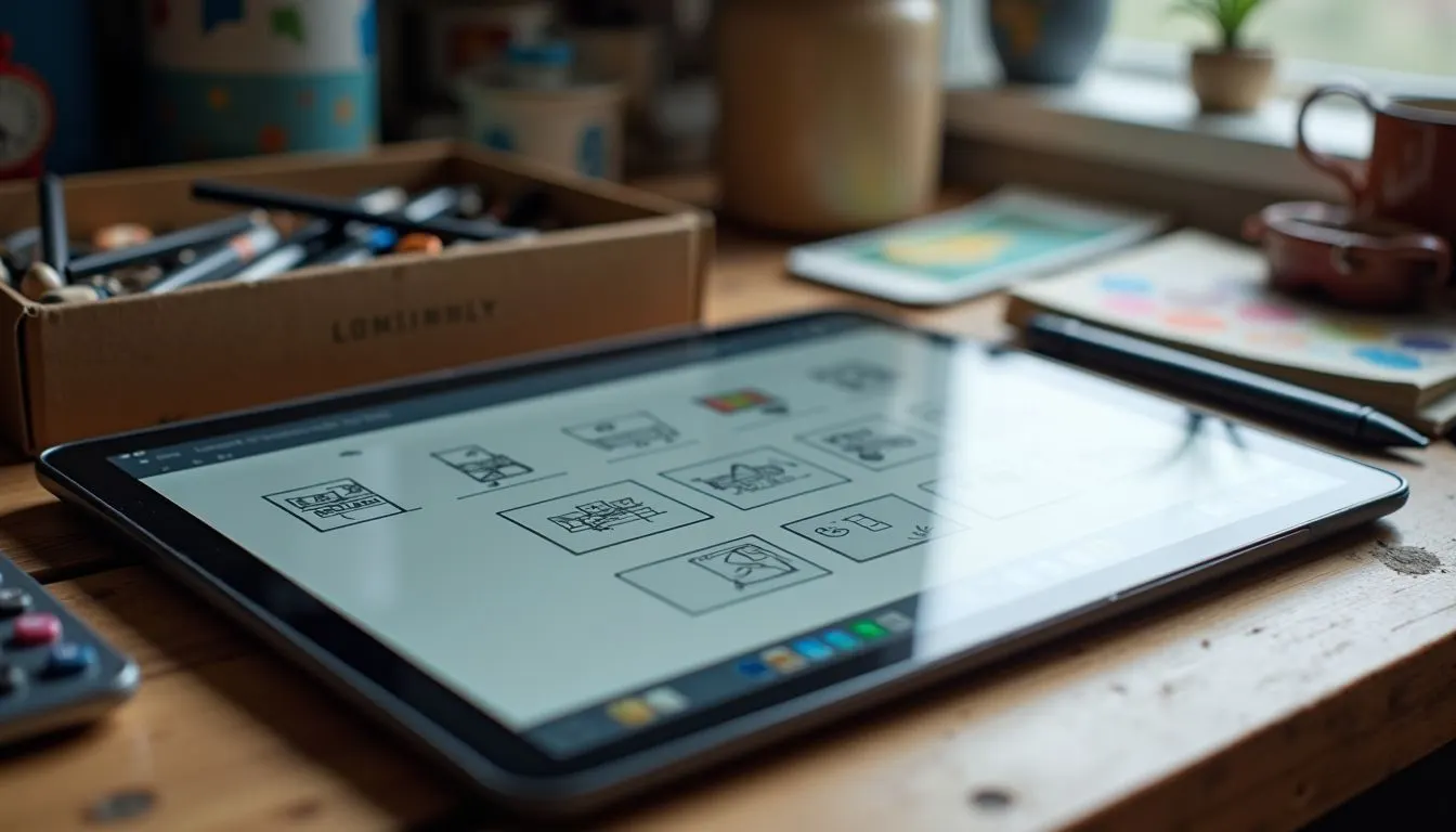 A digital tablet with drawing software icons and neglected traditional art supplies on a cluttered desk.