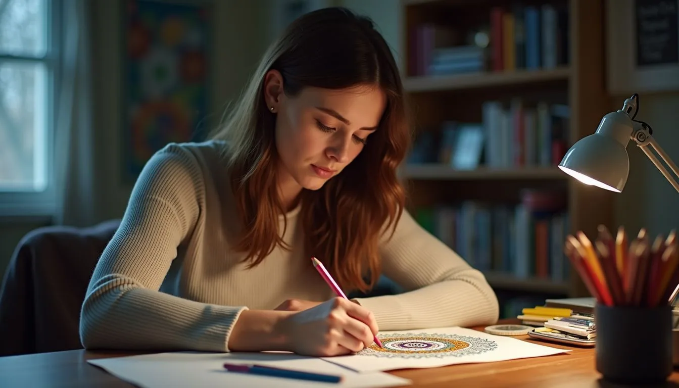 A woman in her 30s is focused on coloring a mandala at a cluttered desk. A woman in her 30s is focused on coloring a mandala at a cluttered desk.