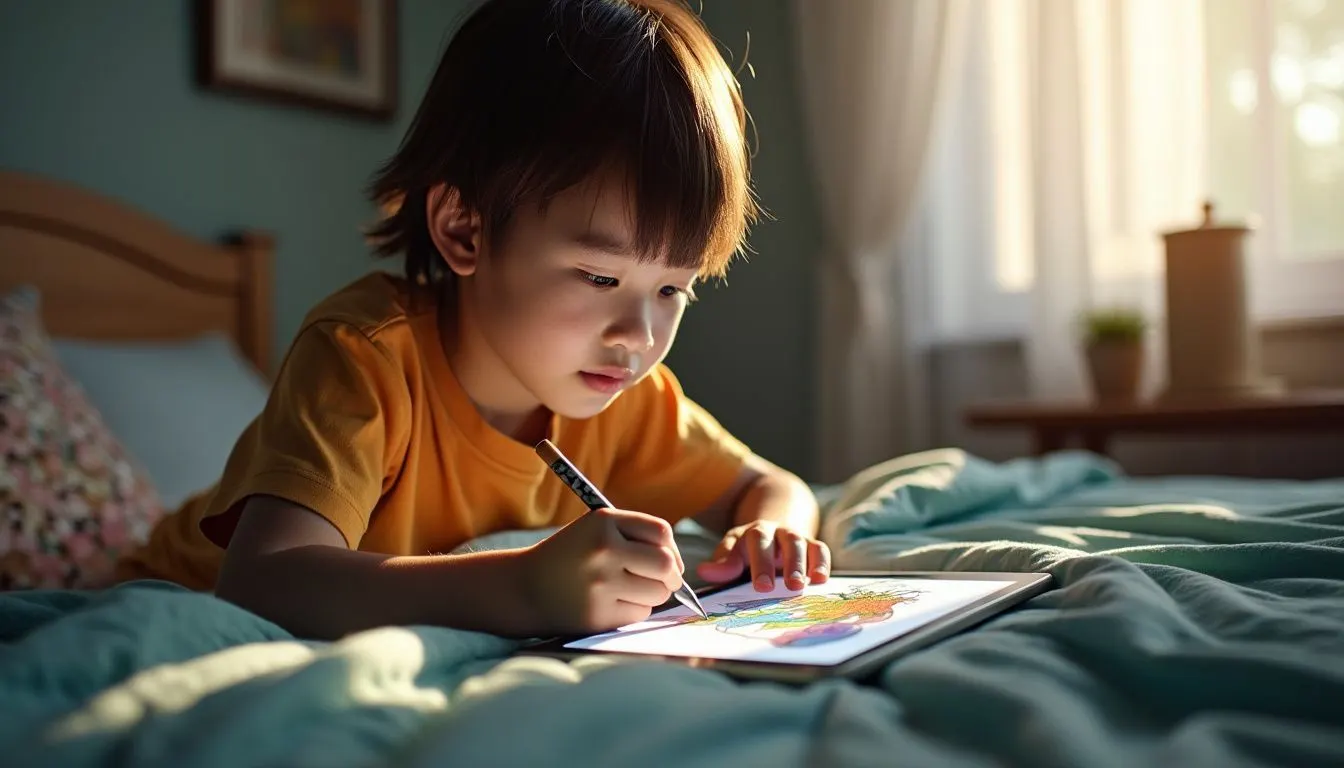 A 10-year-old artist focuses on digital coloring in a cozy bedroom.