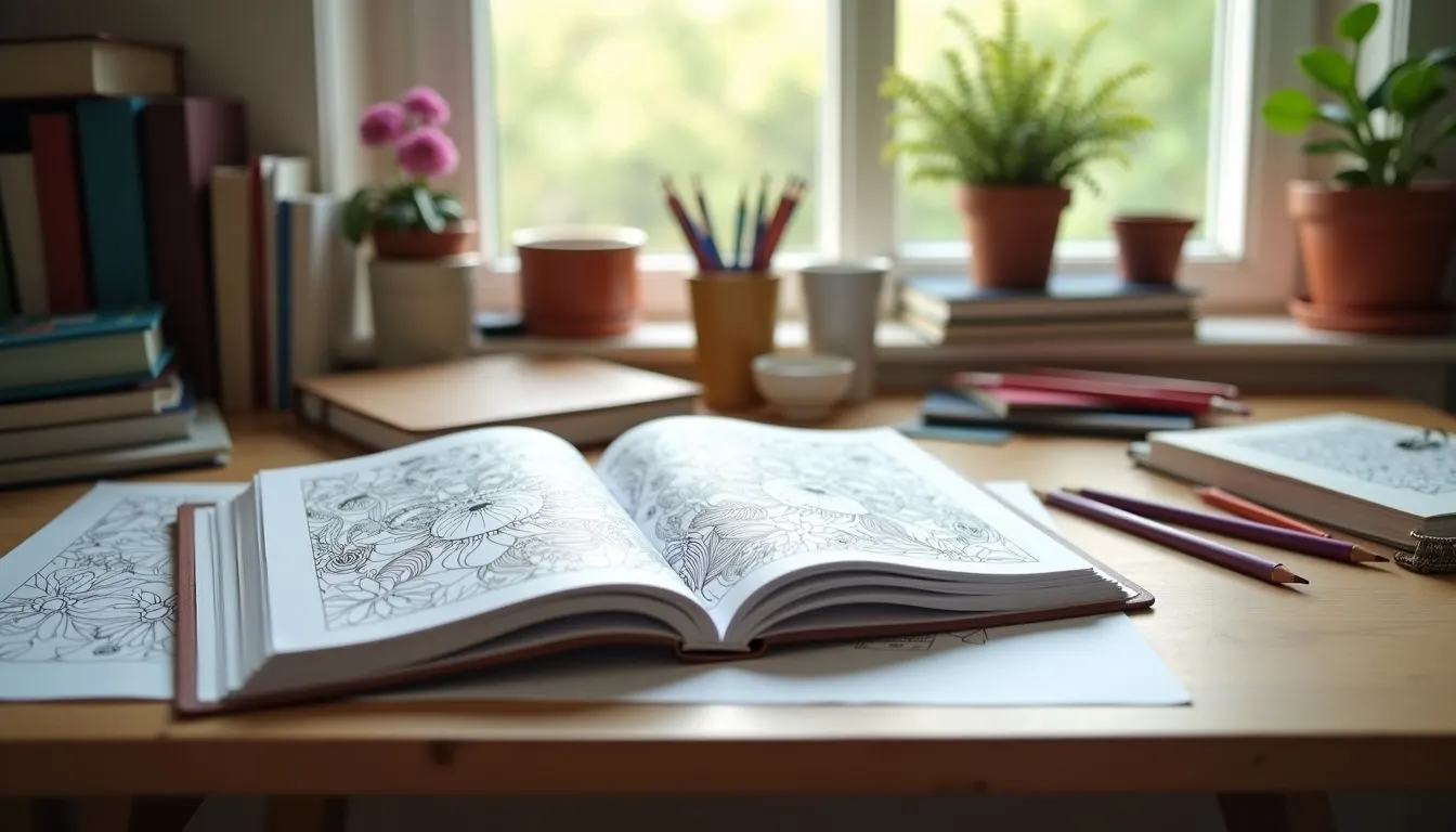 A cluttered desk with an open adult coloring book and scattered colored pencils.