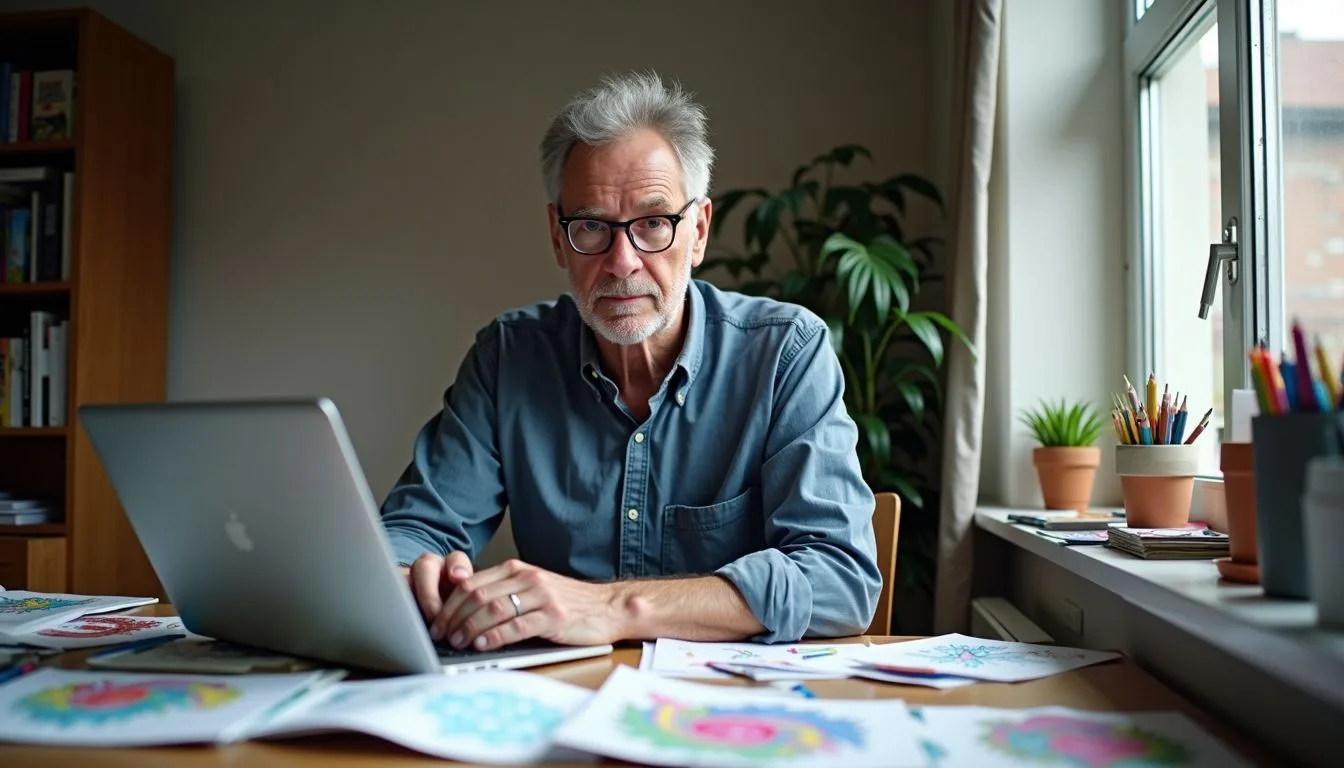 A middle-aged person is sitting at a cluttered desk, choosing an online platform for their art.