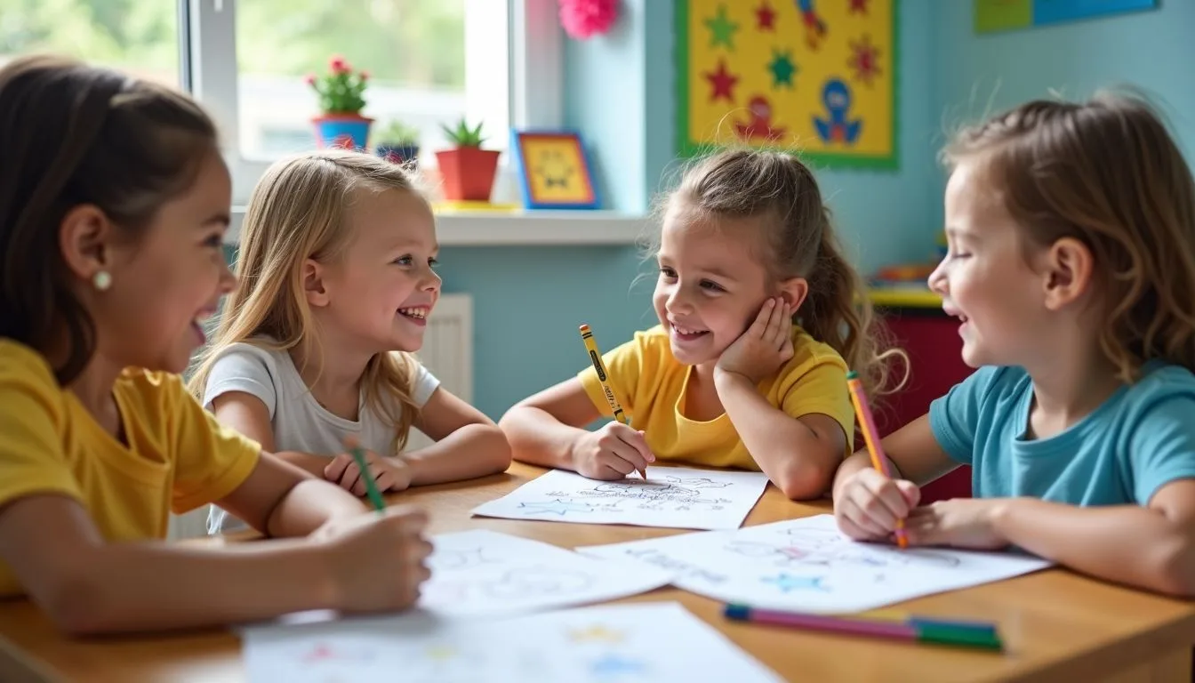 Children happily coloring at a wooden table in a bright, colorful room.