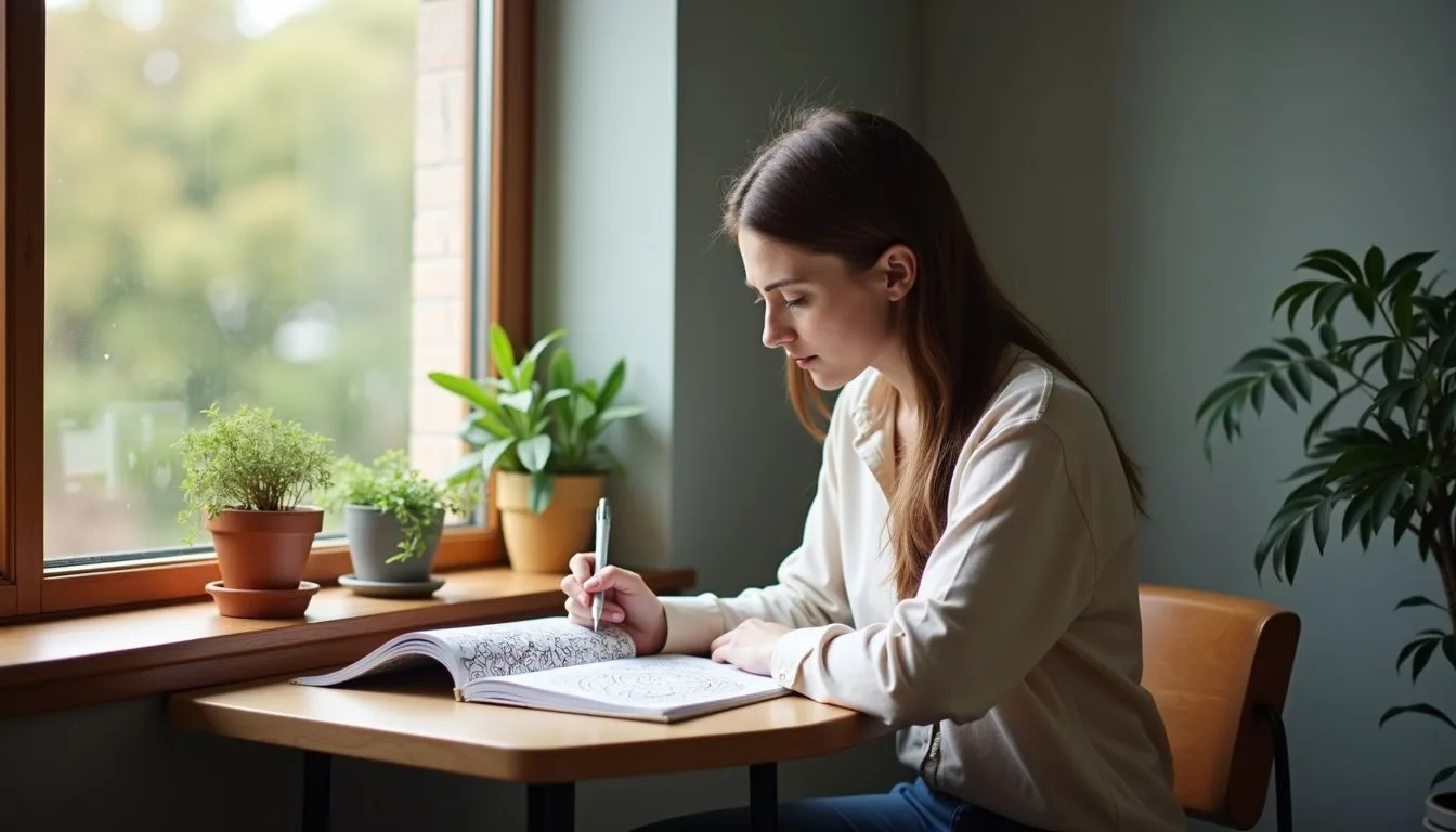 A woman in her thirties sitting at a table, coloring in a mindfulness book by a window.