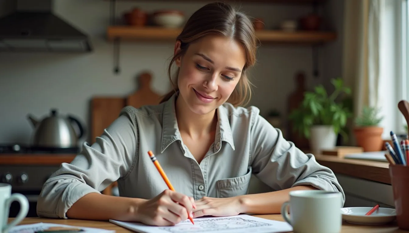 A woman in her mid-30s coloring at a cozy kitchen table with soft lighting.