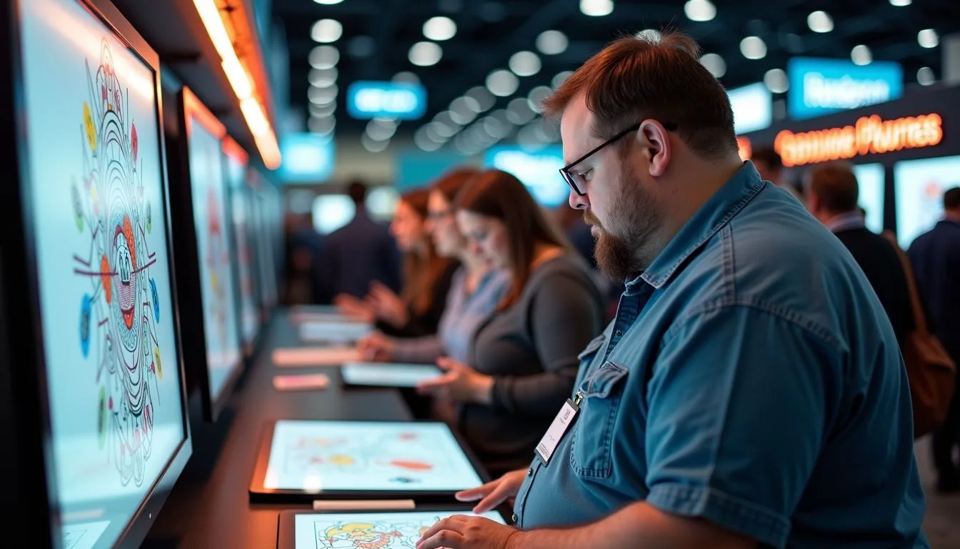 The image depicts a busy digital coloring book marketplace at a tech conference with attendees exploring the latest innovations.