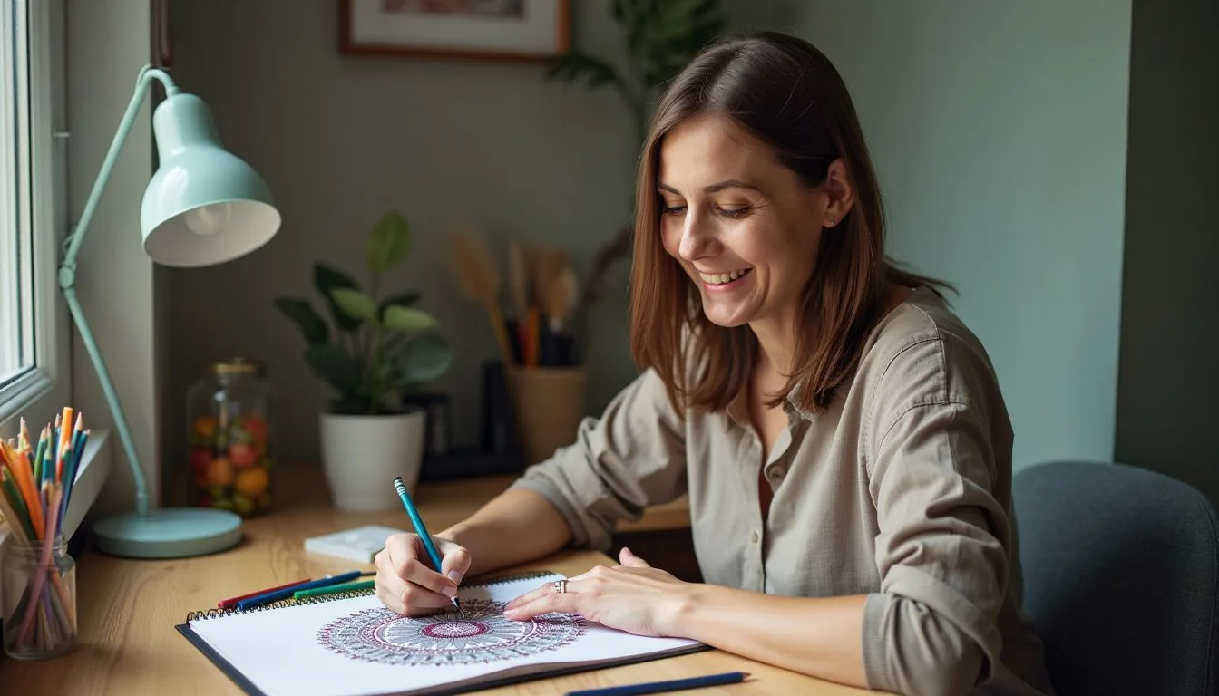 A woman in her 30s peacefully colors a mandala at a tidy desk.