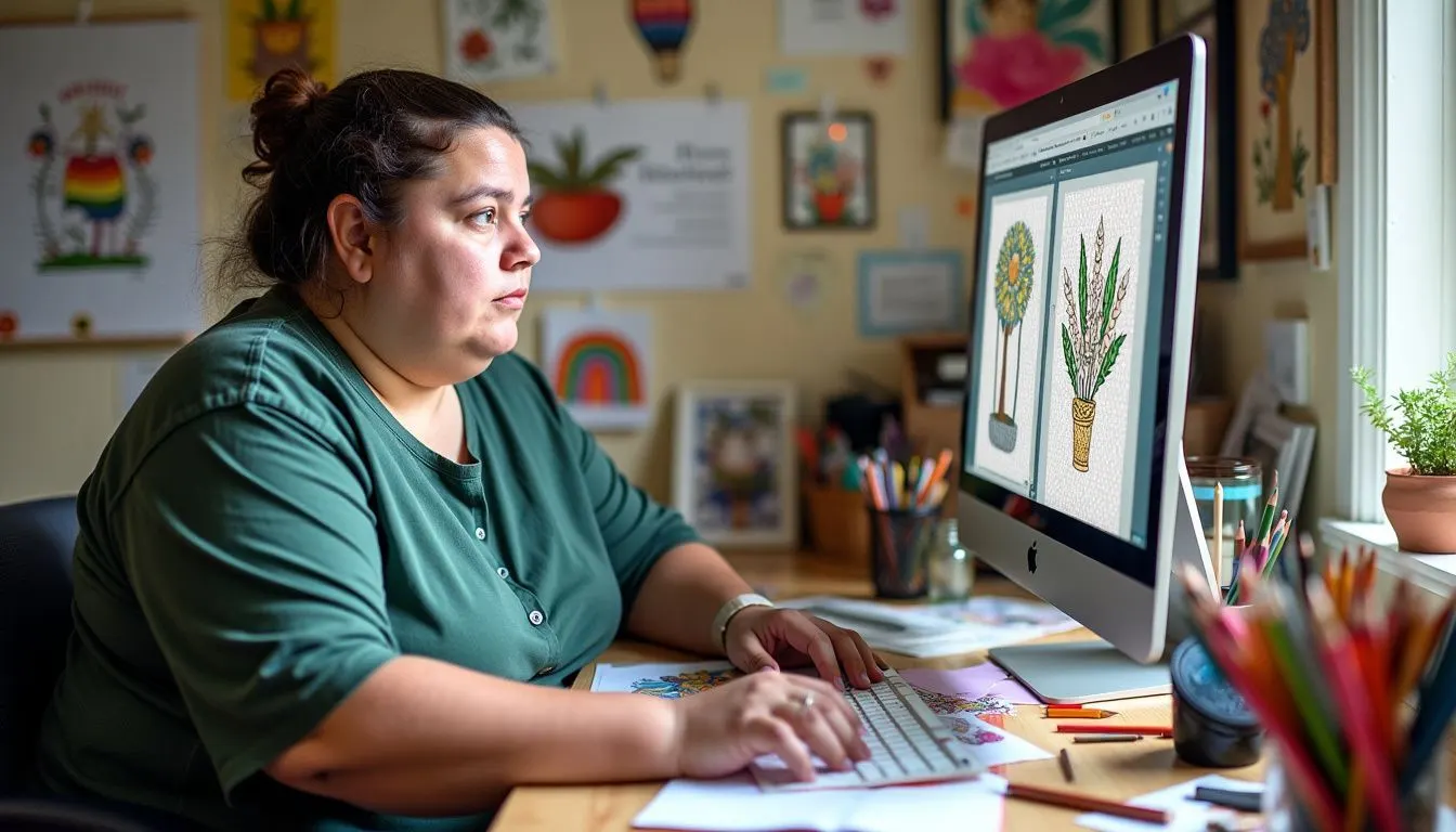 A person sitting at a cluttered desk, working on digital images for a coloring book.