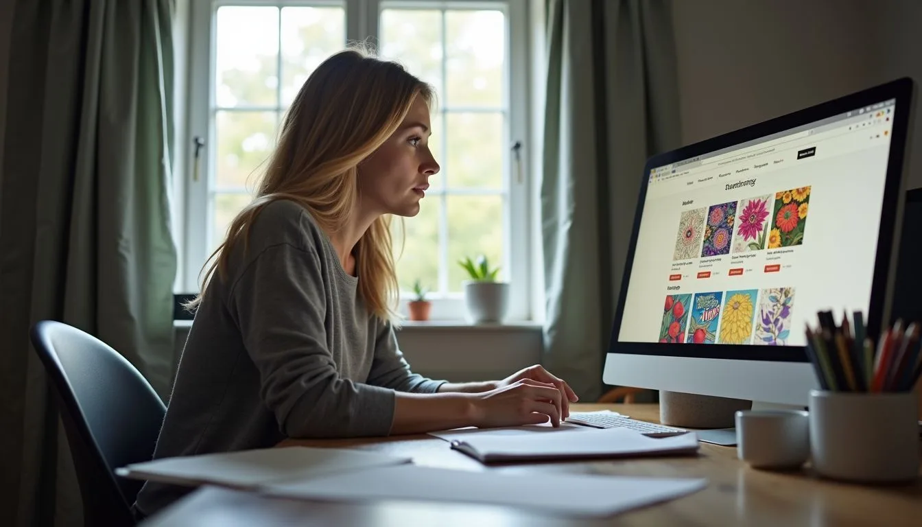 A woman at her home office desk compares prices and reviews of adult coloring books on her computer.