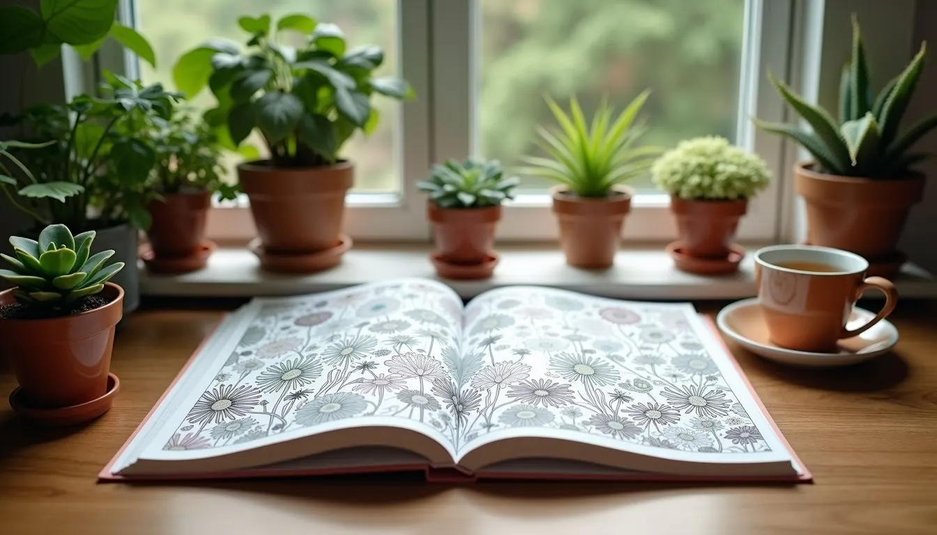 An open adult coloring book on a wooden table with potted plants and a cup of herbal tea.