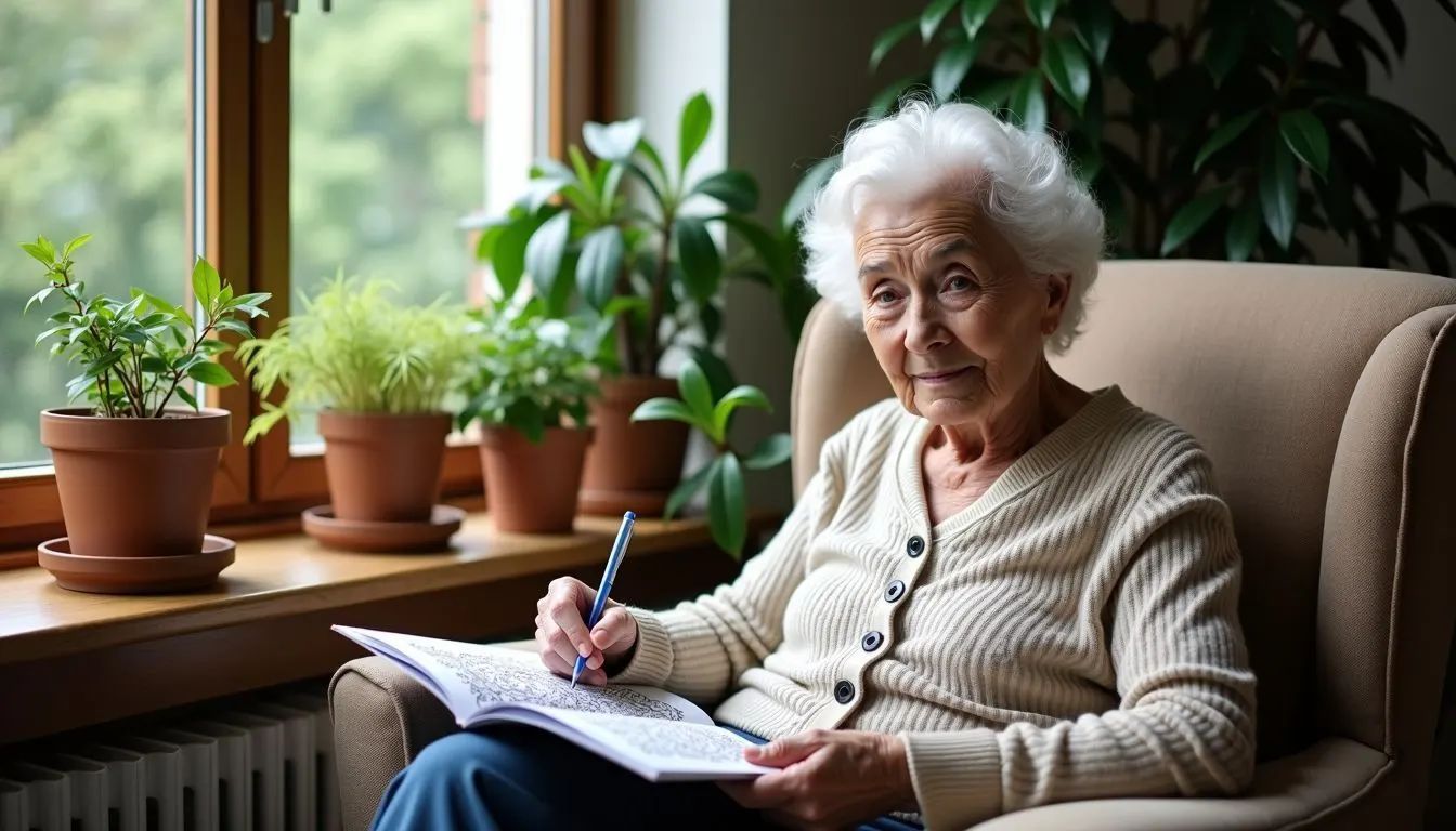 An elderly woman peacefully colors in an adult coloring book in a cozy room filled with plants.