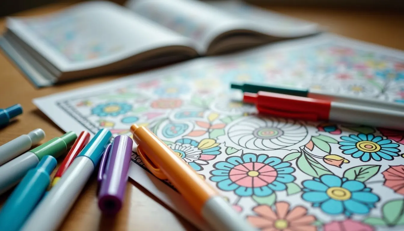 A set of markers and coloring books laid out on a wooden desk. A set of markers and coloring books laid out on a wooden desk.