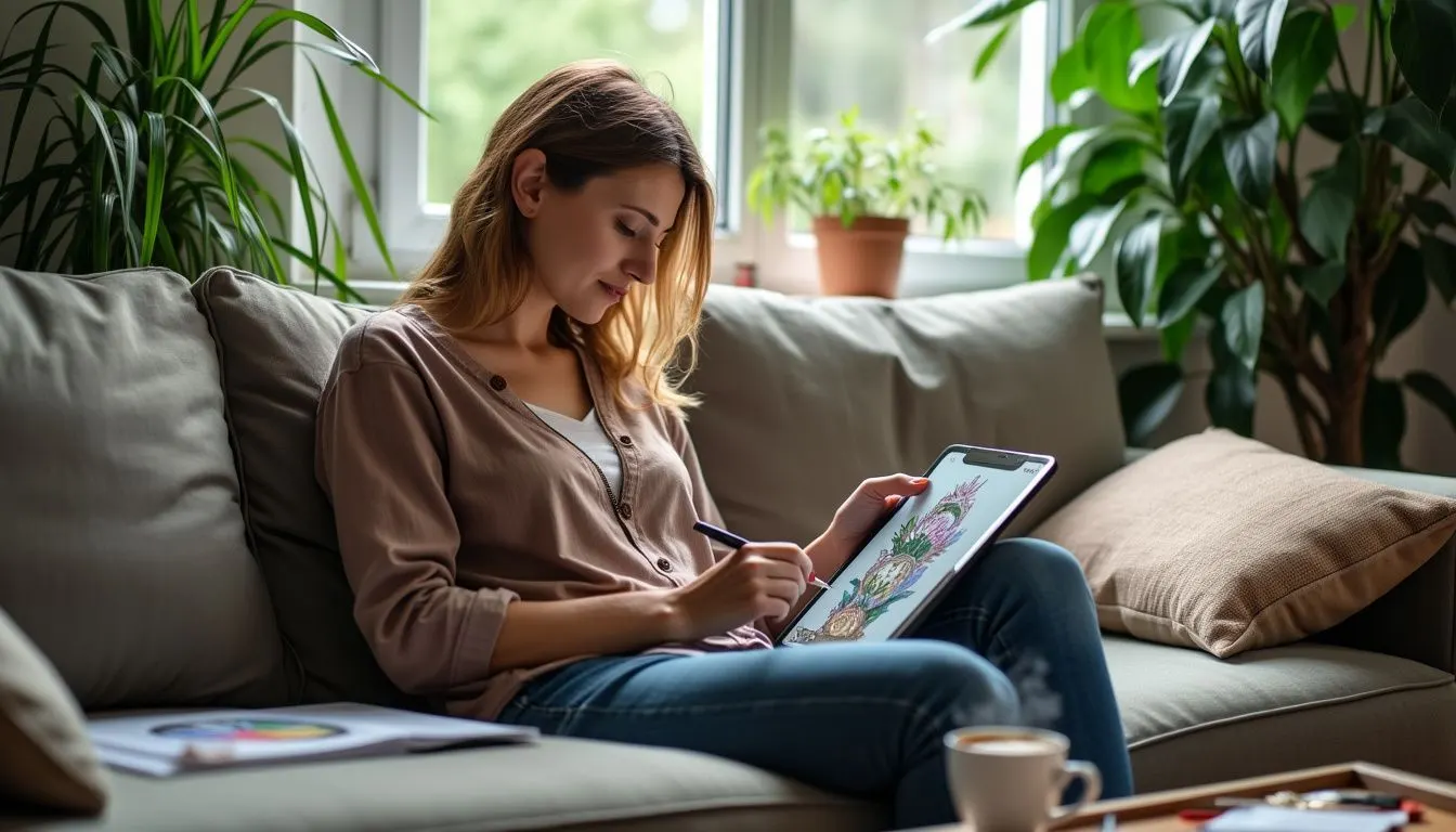 A woman in her 30s is sitting on a couch, coloring on a tablet with art supplies nearby.