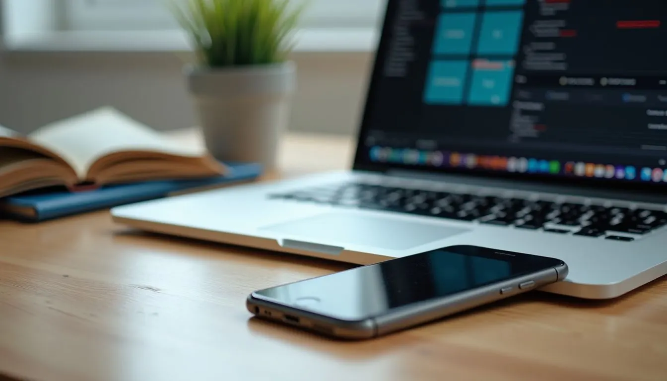 A tidy workspace with a laptop and smartphone displaying different digital coloring platforms and tools.