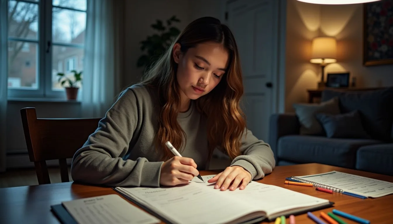A person in their 20s is sitting in a cozy living room, focusing on coloring and following their evening schedule.