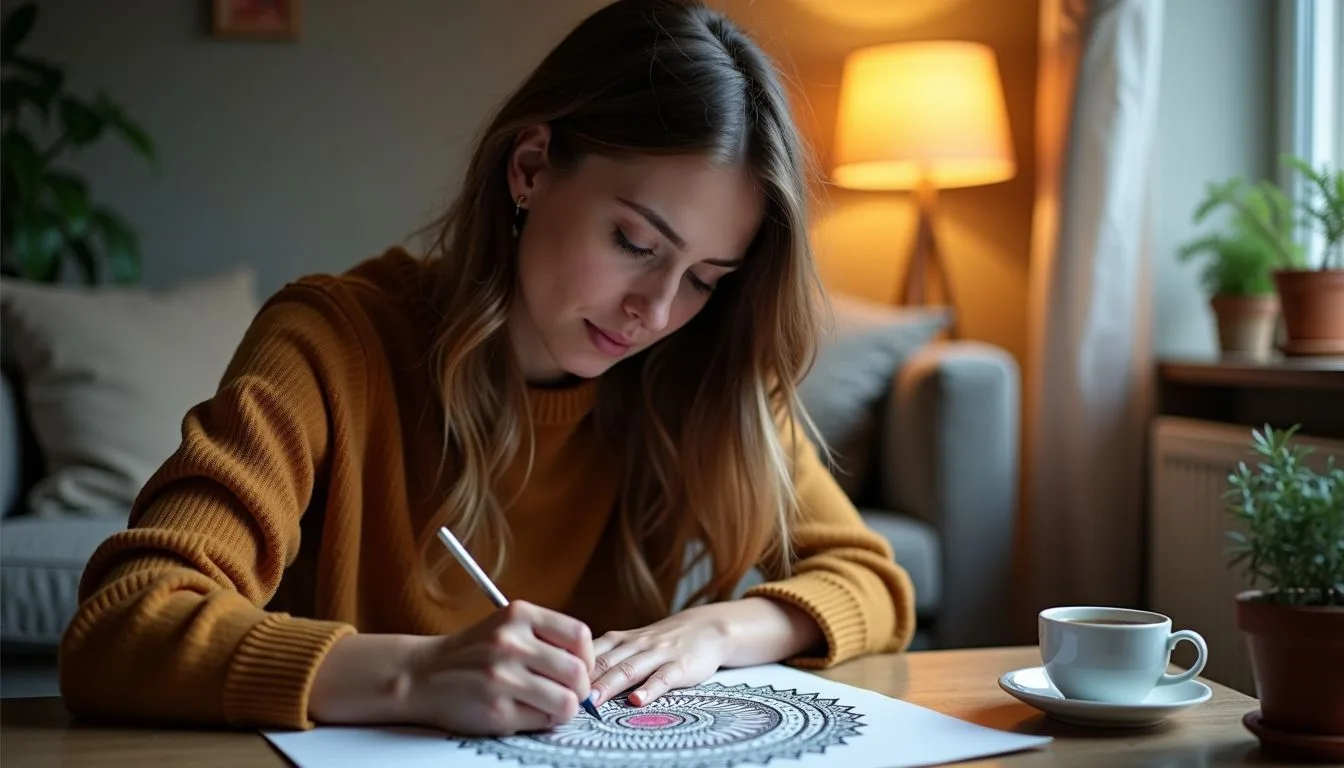 A woman in her 30s peacefully colors a mandala in a cozy living room. A woman in her 30s peacefully colors a mandala in a cozy living room.