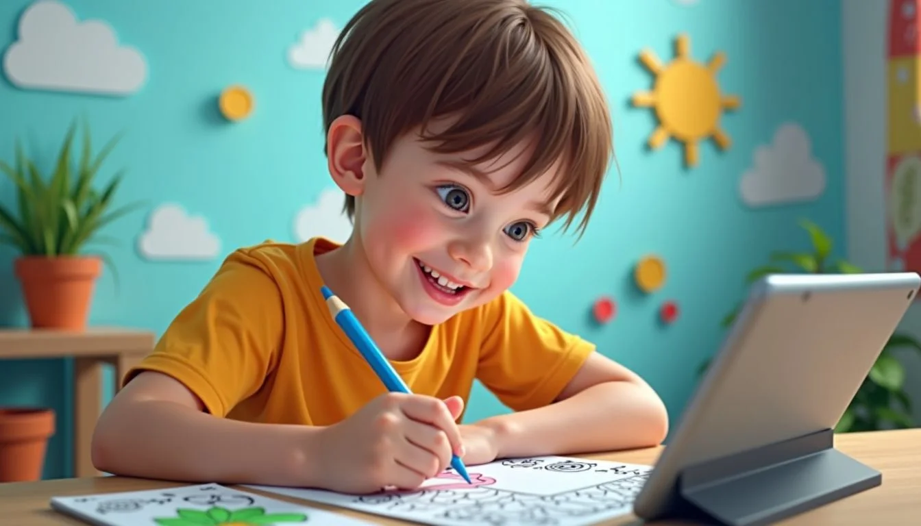 A seven-year-old child happily colors on a tablet using a digital coloring book.