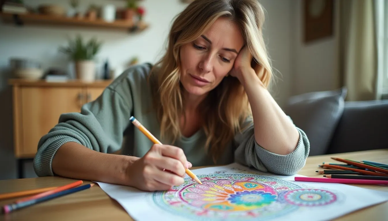 A woman in her mid-30s coloring intricate designs in a cozy living room.