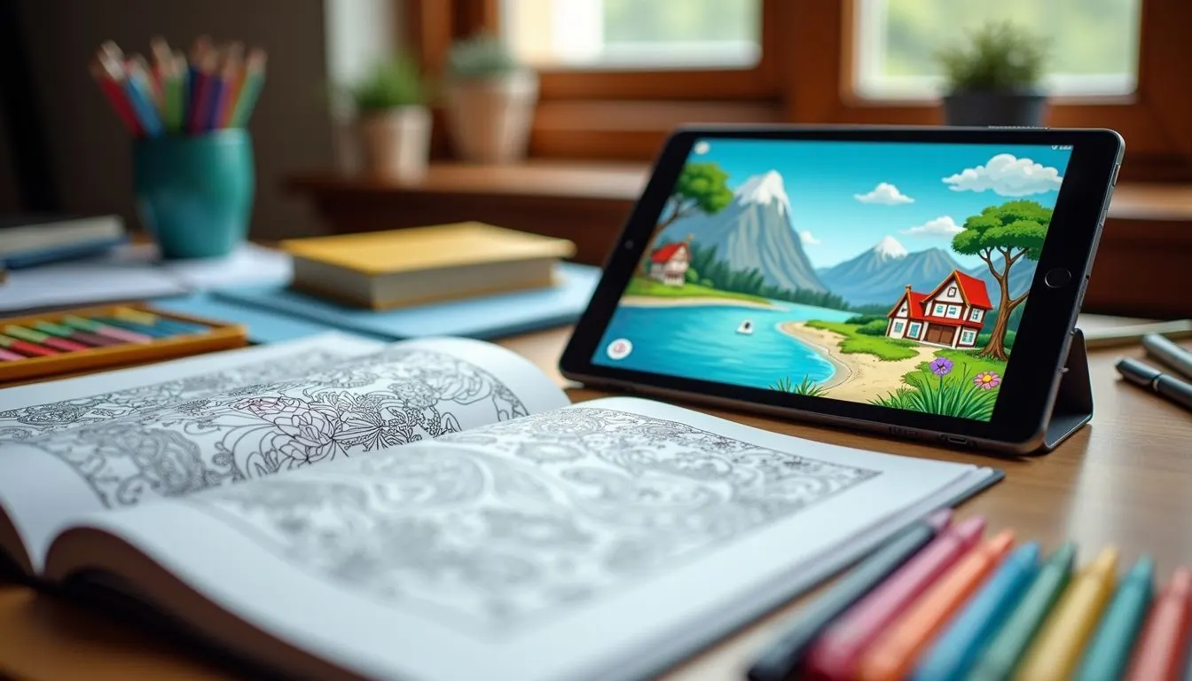 The photo depicts a cluttered desk with traditional coloring supplies and a modern digital tablet.