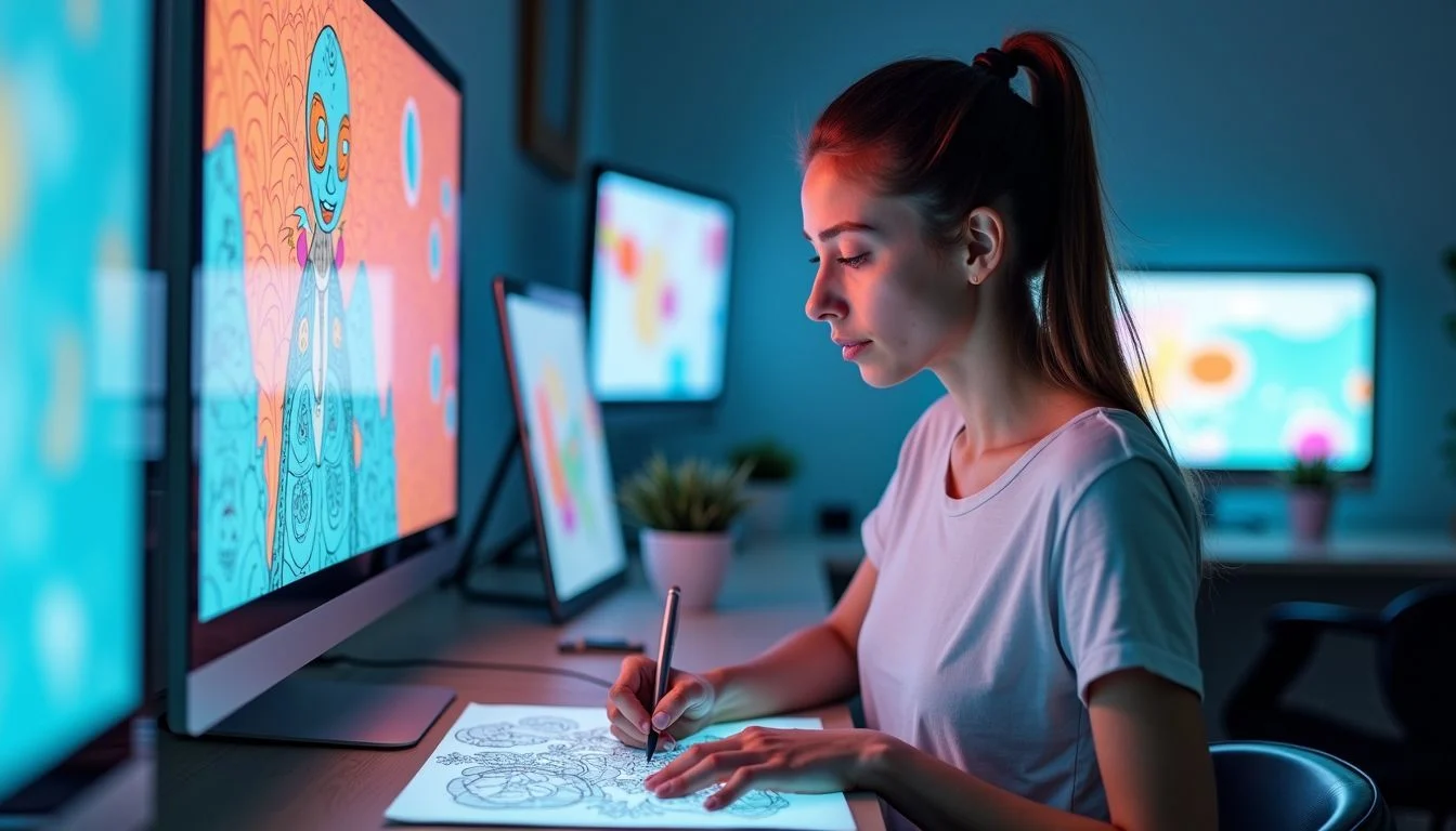A woman in her thirties is using augmented reality to color in a digital space.