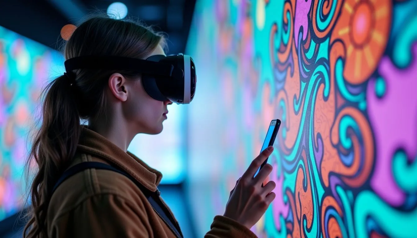 An adult wearing VR glasses interacts with a 3D coloring art installation in a futuristic environment.