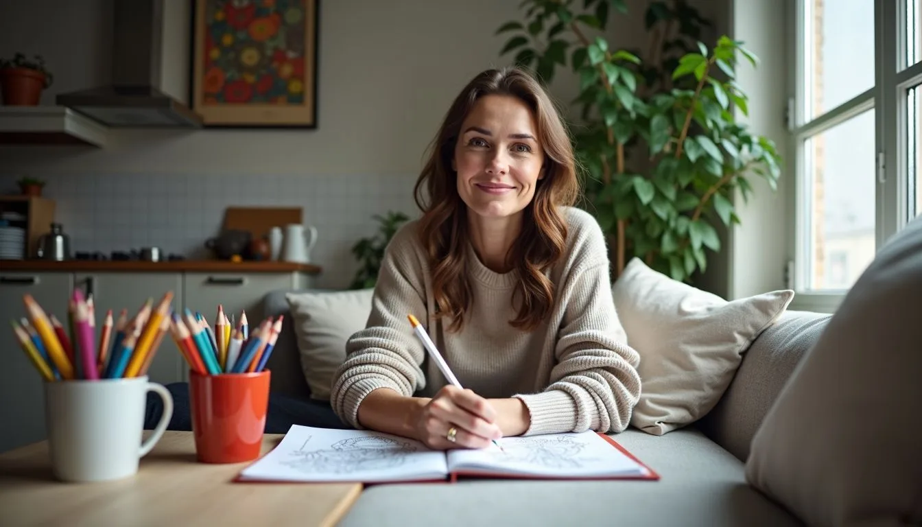 A woman in her 30s sits comfortably at home surrounded by colored pencils and an open coloring book.