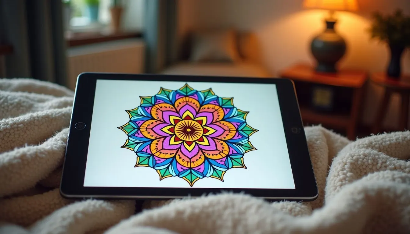A digital tablet with a vibrant mandala design in a cozy living room setting.
