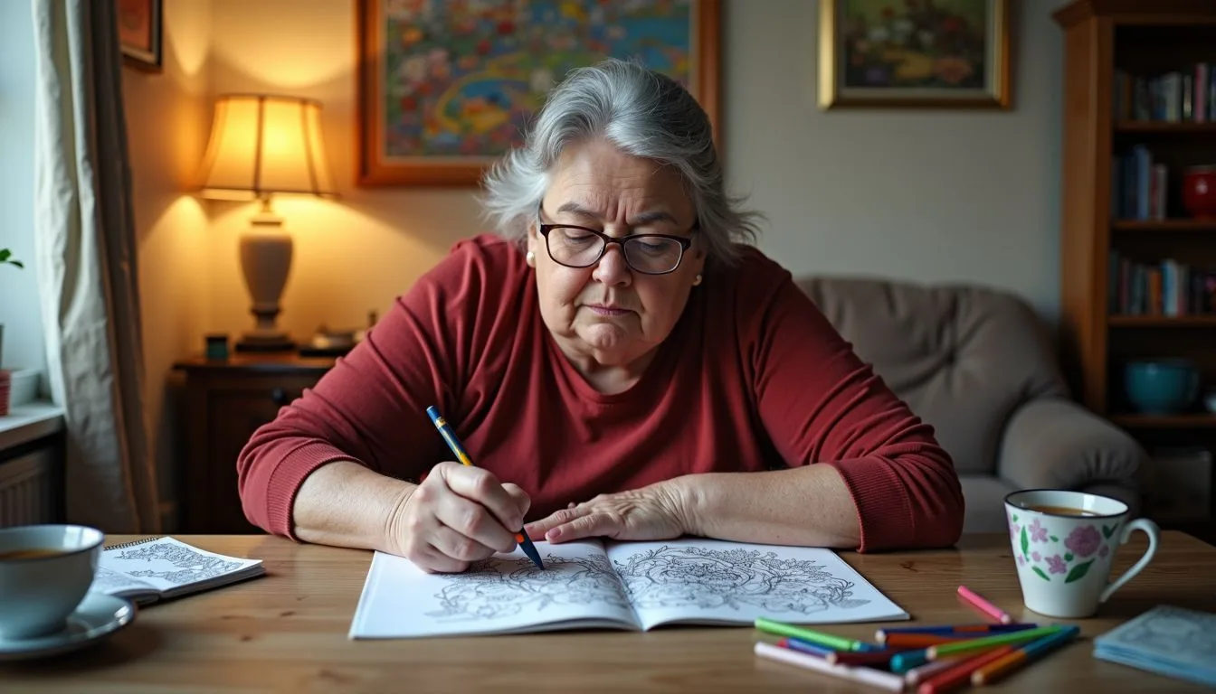 An older woman is seated in her cozy living room, deeply focused on coloring in her adult coloring book.