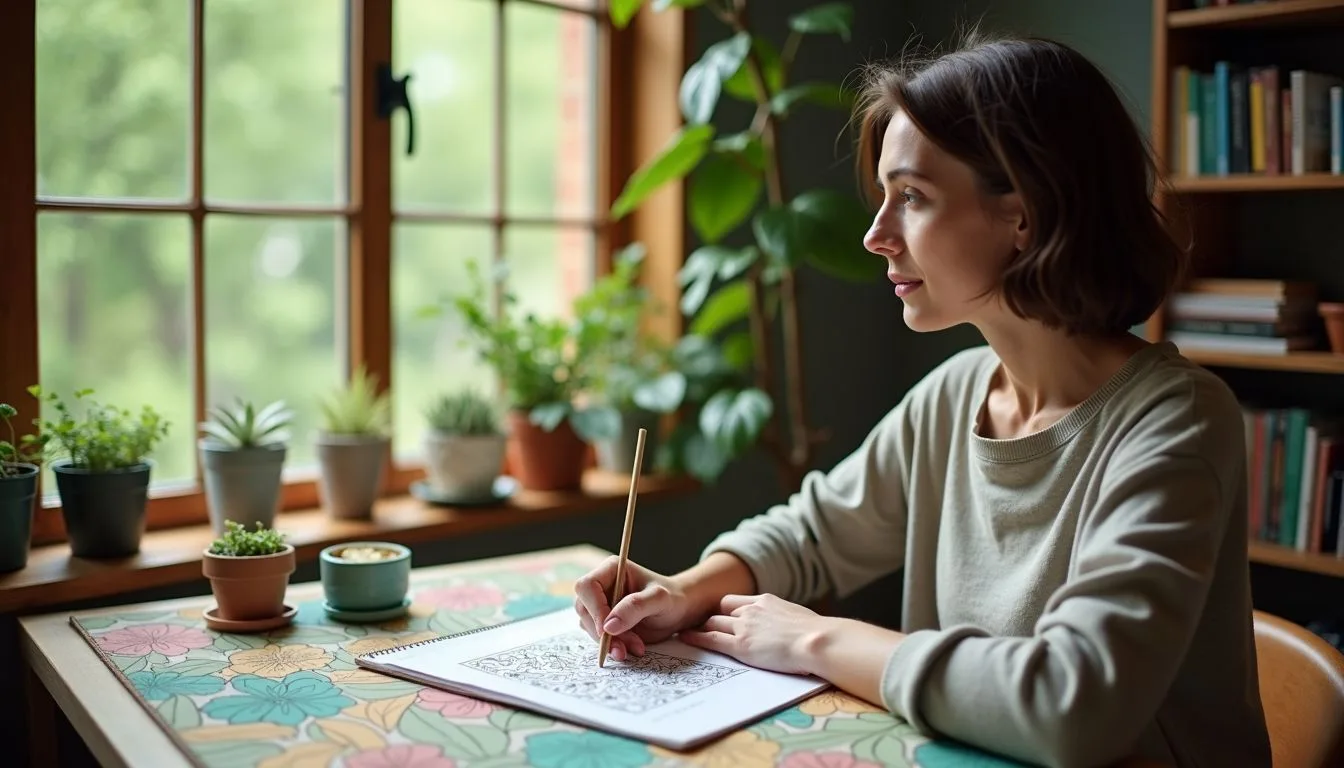 A woman in her thirties coloring in a book at a colorful desk with a forest view.