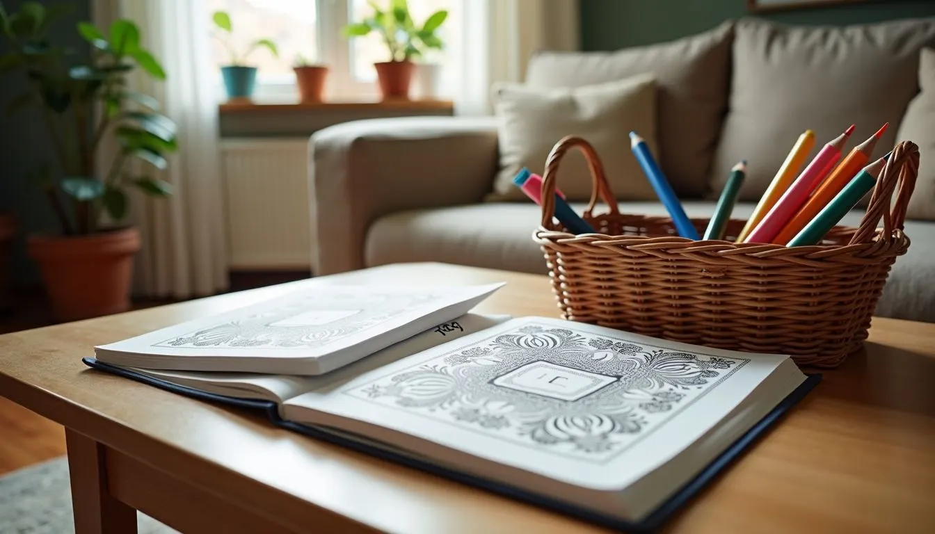 A cozy living room corner with a wooden table, coloring books, and markers for relaxing coloring sessions.