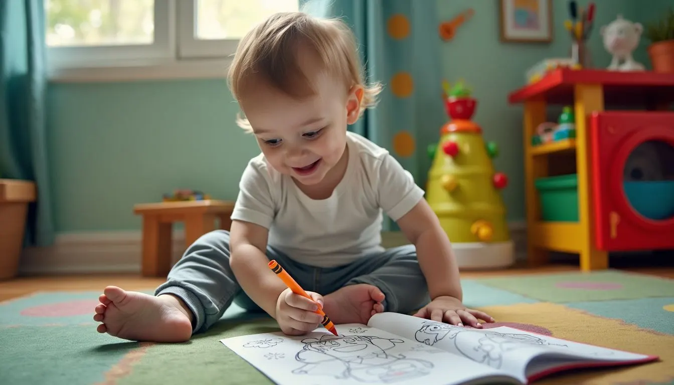A happy 1-year-old child is coloring in a Nickelodeon: My First Coloring Book in a colorful room.