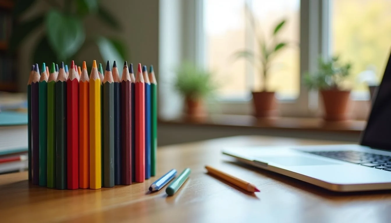 A tidy home office with an assortment of colorful colored pencils arranged on a wooden desk. A tidy home office with an assortment of colorful colored pencils arranged on a wooden desk.