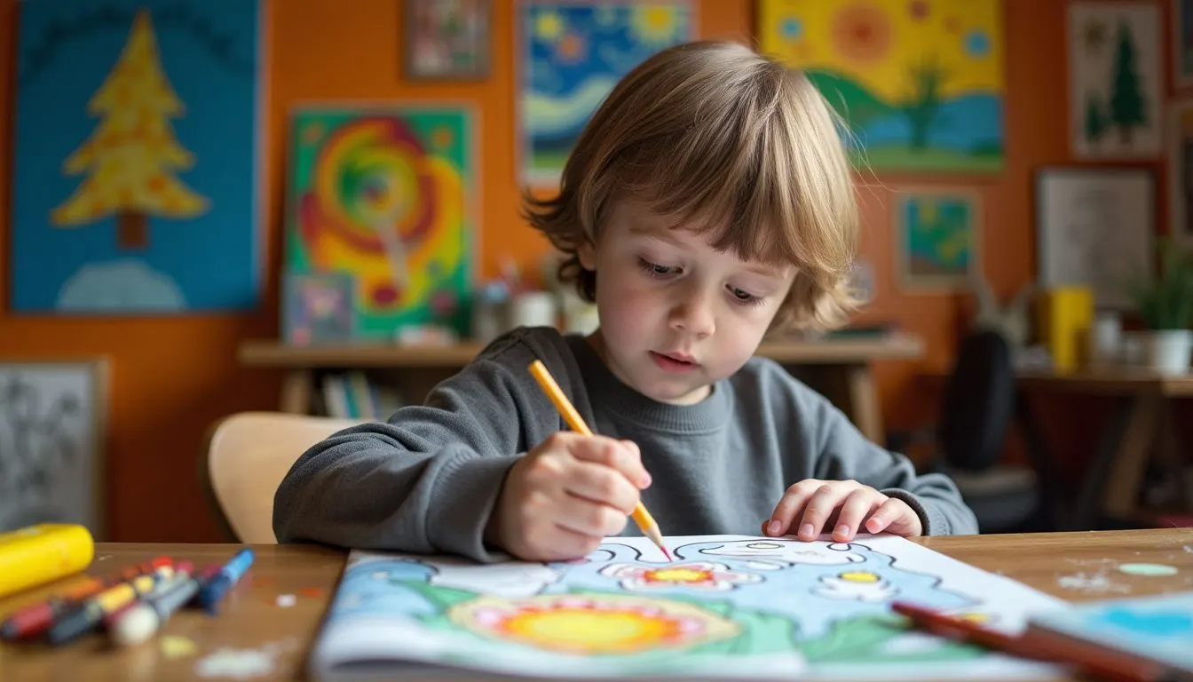 A young child sits at a table, coloring in a Vincent van Gogh coloring book with scattered art supplies around. A young child sits at a table, coloring in a Vincent van Gogh coloring book with scattered art supplies around.