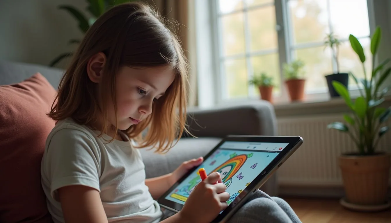 A 10-year-old girl is using a digital coloring book app on a tablet in a cozy living room. A 10-year-old girl is using a digital coloring book app on a tablet in a cozy living room.