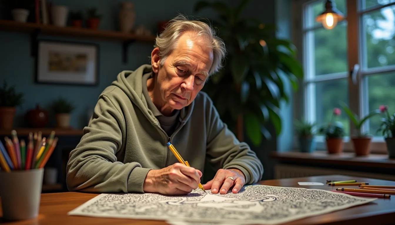 A person enjoys coloring a mystical forest scene in a cozy kitchen setting.
