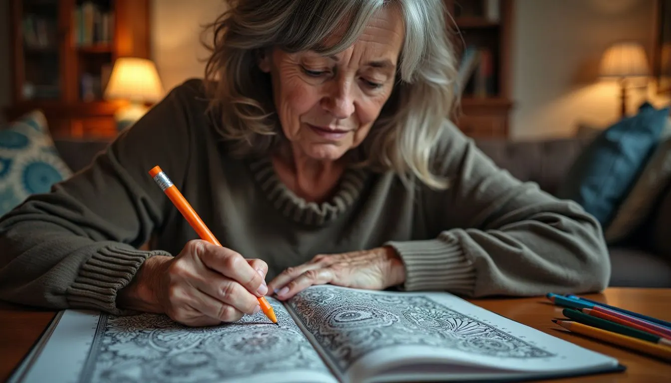 A woman in her 40s color in an adult coloring book in a cozy living room.